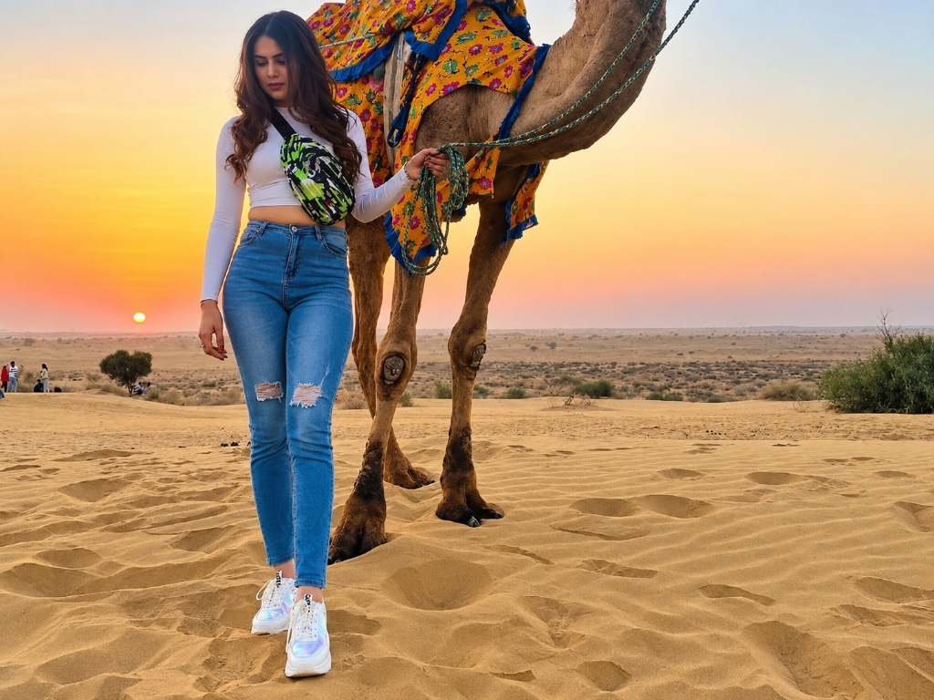 Quiet golden hour camel trek through the undulating desert dunes at sunset in Jaisalmer