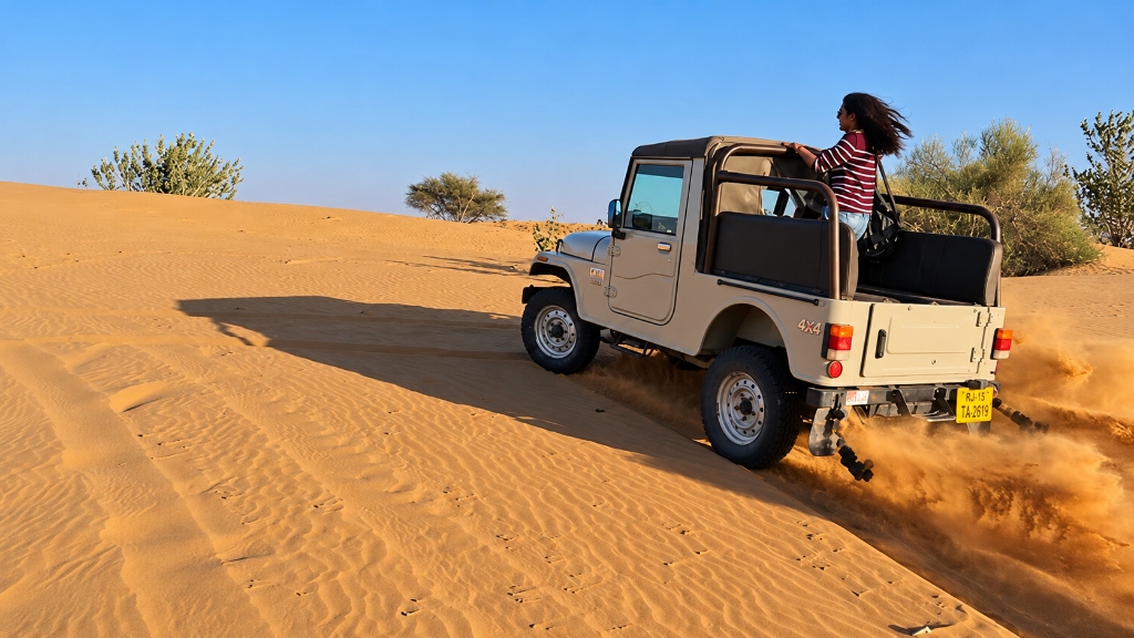 4x4 Thar open jeep safari drifting through golden dunes with sand spray
